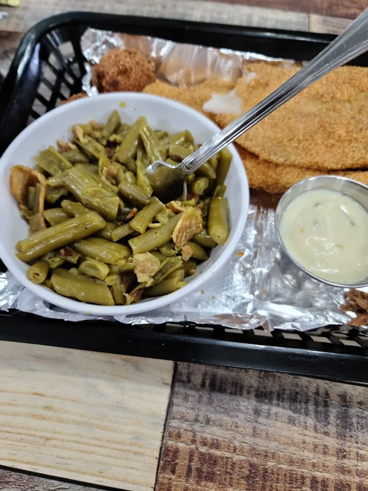 Fried White Fish and Green Beans and 2 Corn Fritters